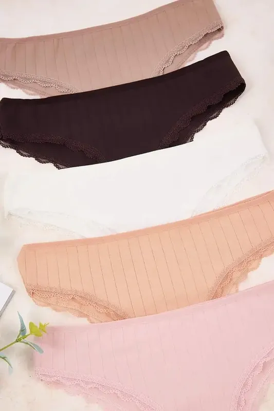 5 Pack Ribbed Lace Trim Cotton Rich Briefs Set - WOVCOR