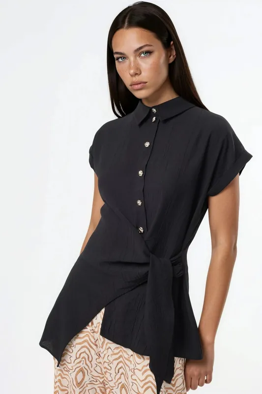 Textured Woven Blouse with Tie Detail - Busem
