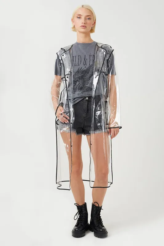 Hooded Longline Clear Rain Mac With Contrasting Binding - Brave Soul