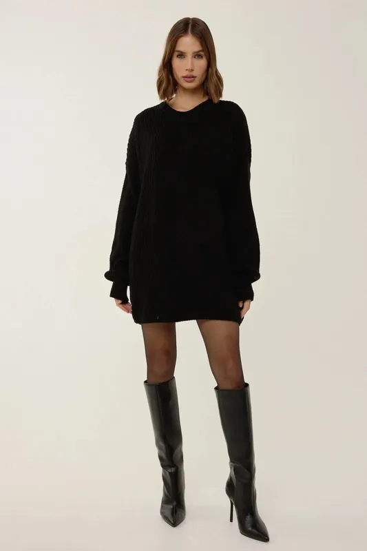 Relaxed Fit Crew Neck Mini Triko Dress - Hiccup