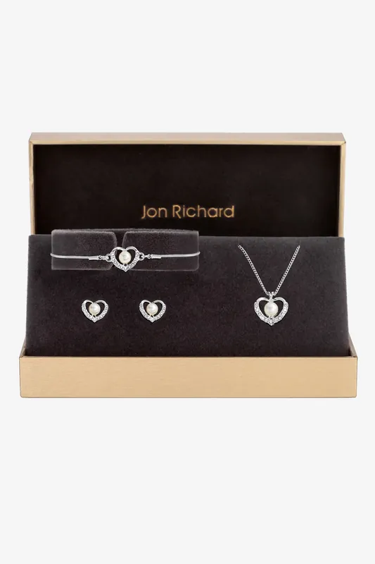 Silver Plated Pearl And Crystal Heart Trio Set - Gift Boxed