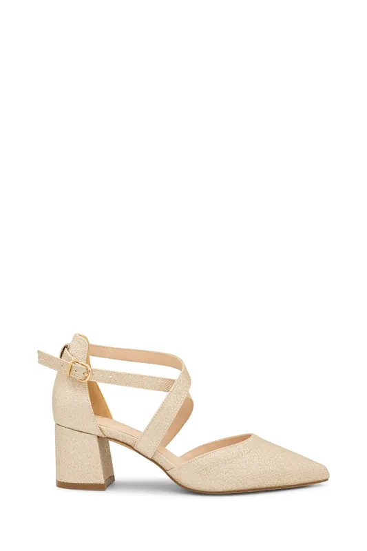 Shimmer 'Farrah' Wide Fit Mid Block Heel Cross Strap Court Shoe - Paradox London