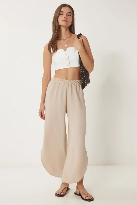 Wide Leg Textured Pull-On Trousers