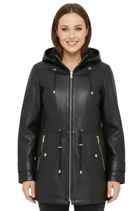 Leather Parka Removable Borg Hooded Trench Coat - Emilia