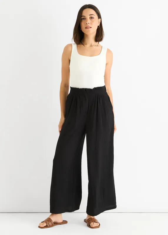 Black Paperbag Waist Wide Leg Trousers - Gini London