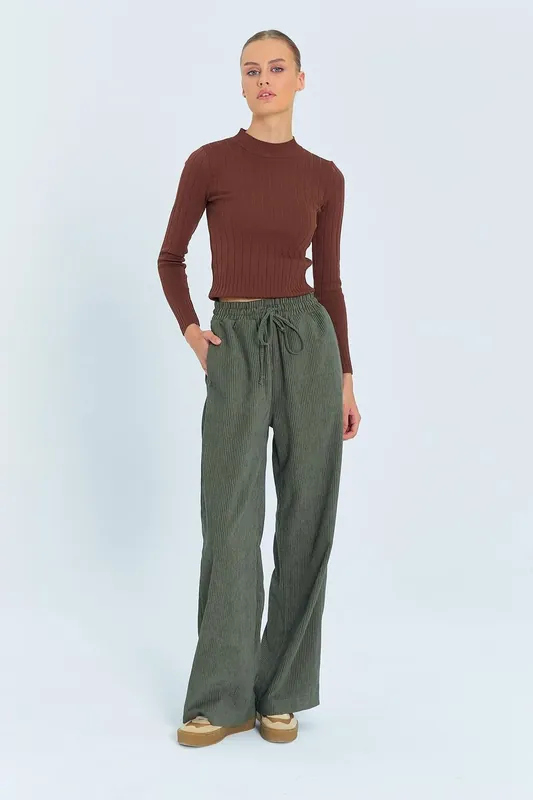 Wide Leg Velvet Pants with Drawstring Waist - MixRay