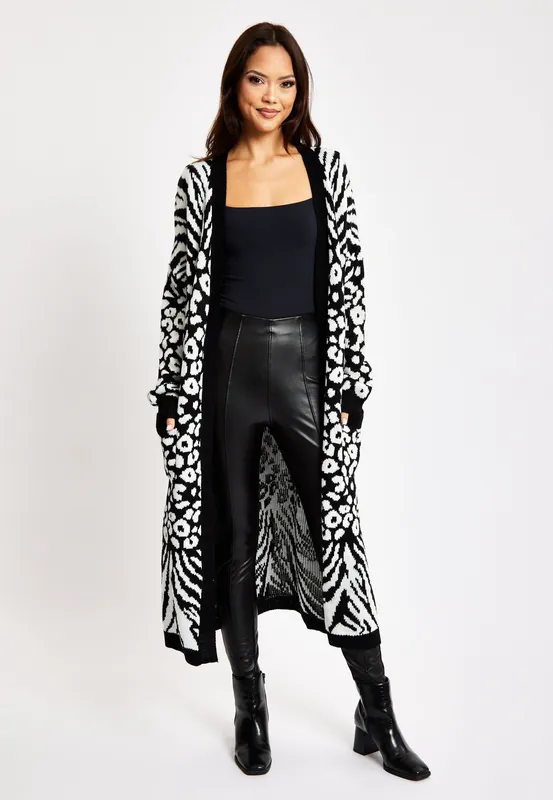 Mono Zebra And Animal Pattern Longline Cardigan - Liquorish