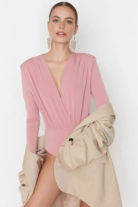 Deep V-Neck Draped Long Sleeve Bodysuit