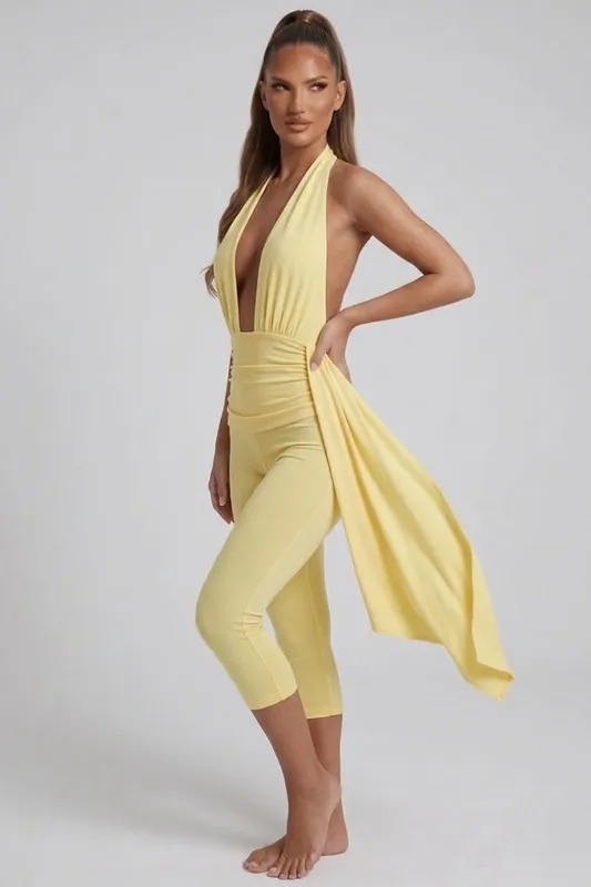 Plunge Halter Neck Ruched Drape Jumpsuit - STYLEWISE