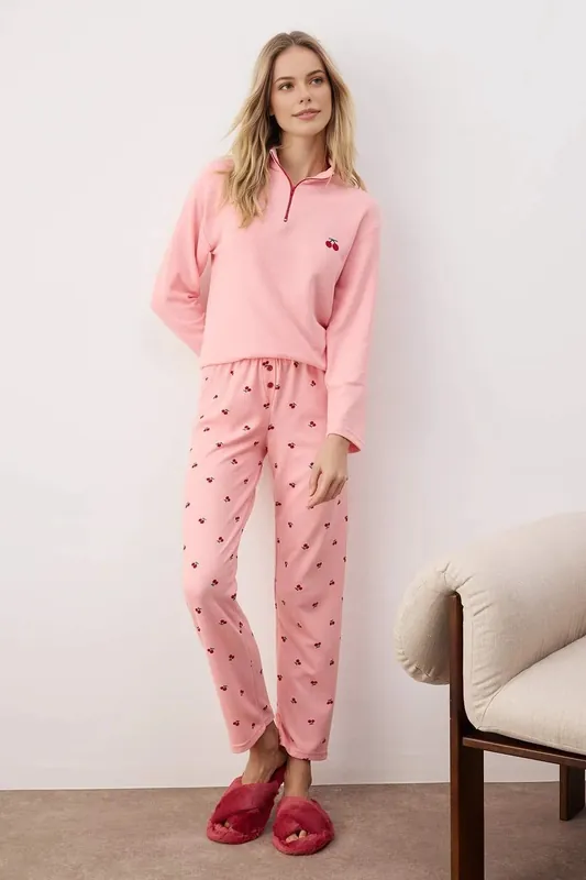 Cherry Embroidered Zip Neck Long Sleeve Waffle Knit Pyjama Set - WOVCOR