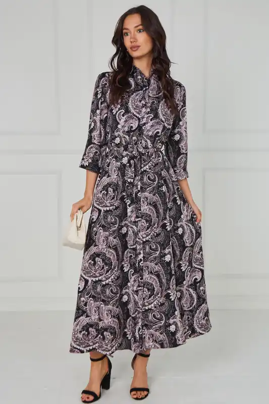 Black Ornate Print Belted Maxi Shirt Dress - Love Sunshine