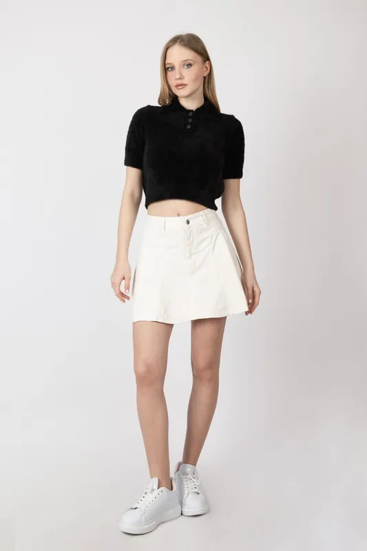 Shirt Collar Buttoned Short Sleeve Fluffy Sweater - Hiccup