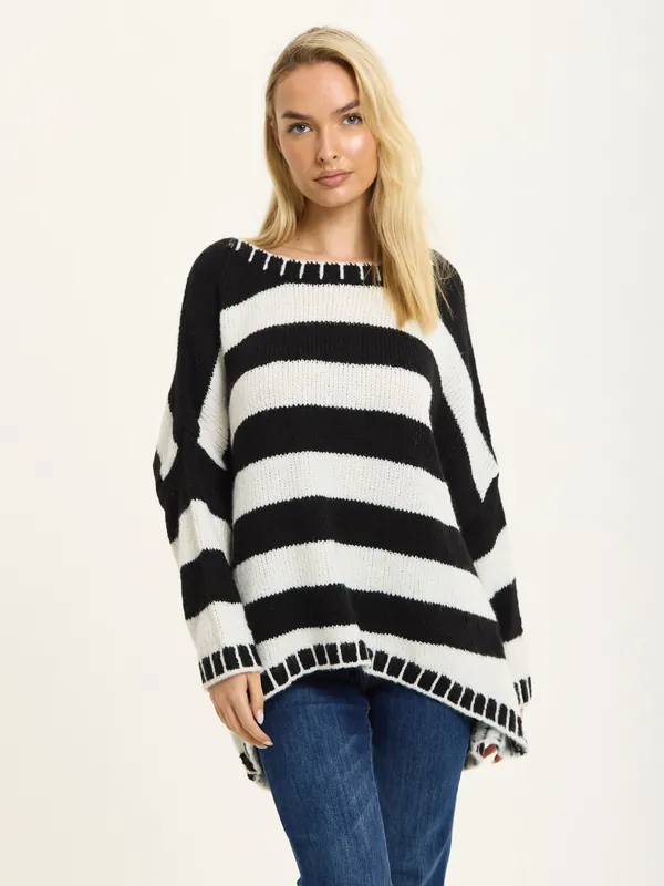 Black White Stripe Wool Blend Jumper - Liquorish