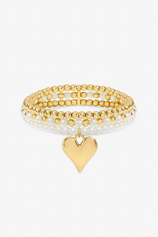 Gold Plated Polished and Beaded Heart Charm Multirow Bracelet - Jon Richard