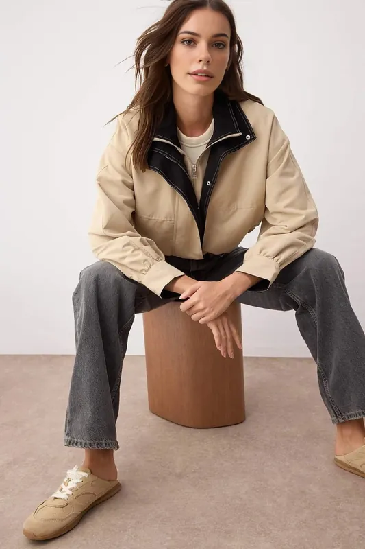 Colour Block Zip Through Funnel Neck Casual Jacket - WOVCOR