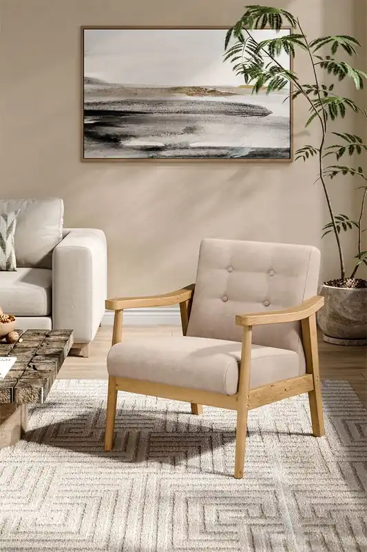 Beige Terry Cloth Casual Upholstered Armchair with Rubberwood Wood Frame - Living and Home