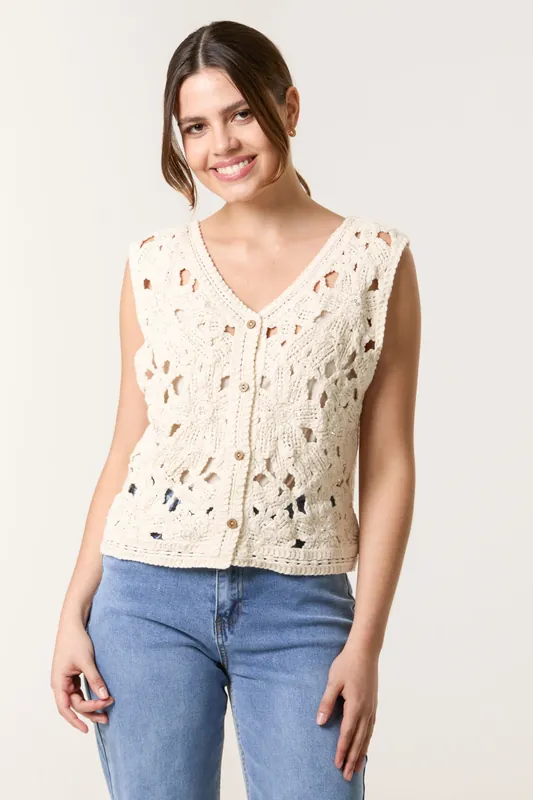 Stone Crochet Button Vest - Blue Vanilla
