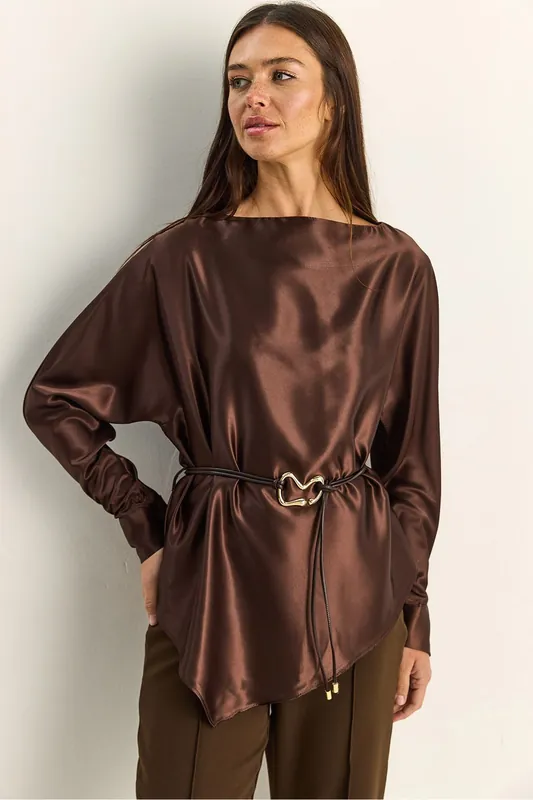 Belted Satin Boat Neck Blouse - Bianco Lucci