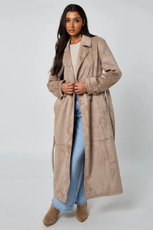 Longline Suede Trench Coat - Urban Bliss