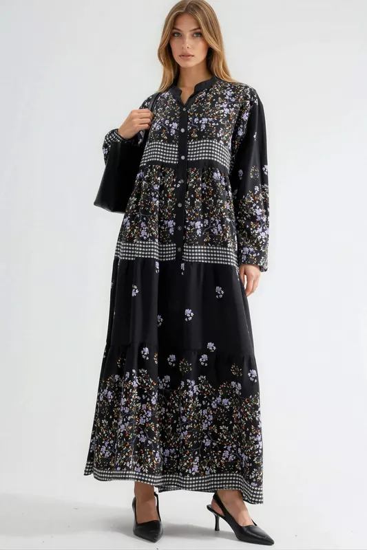 Patterned V-Neck Maxi Dress with Button Closure