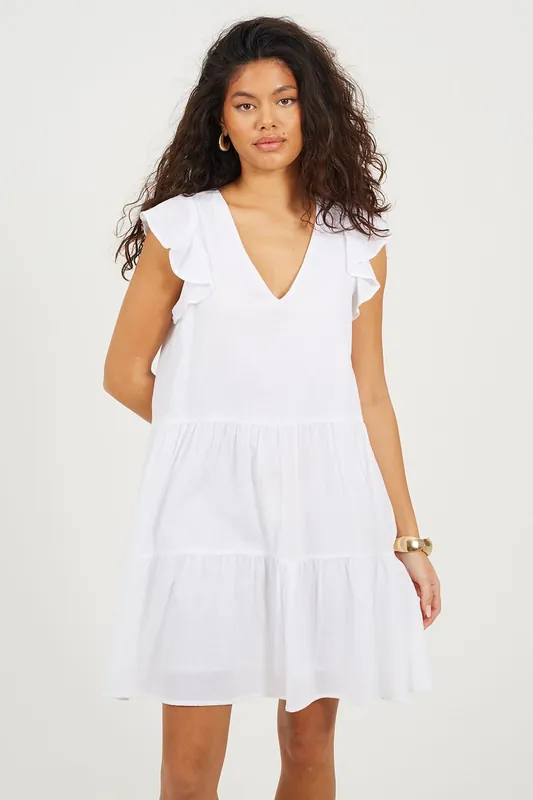 Frill Sleeve V-Neck Tiered Mini Dress