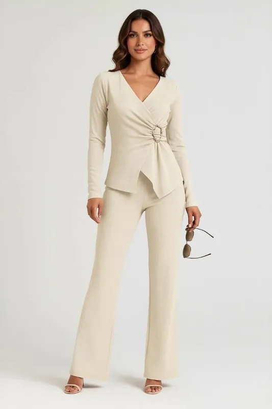Peplum Wrap Long Sleeve and Wide Leg Trouser Co-ord Set