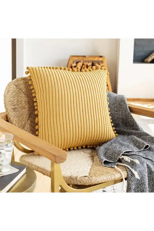 Polyester Cushion Cover with Pom-Pom Trim