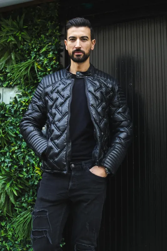 Black Puffer Leather Biker Jacket - Tilbury