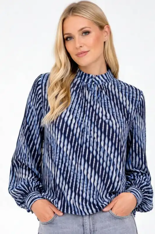 Navy Printed High Neck Puffball Blouse - Blue Vanilla