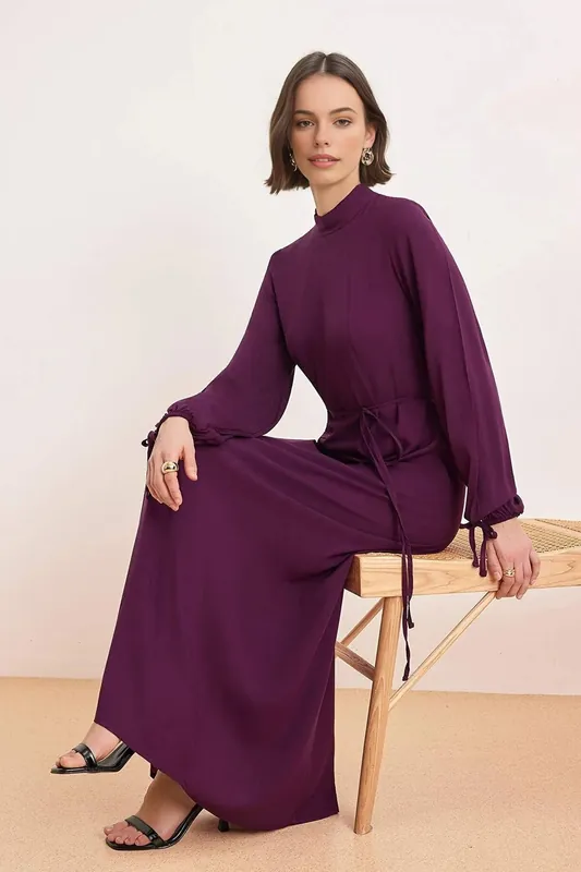 High Neck Belted Maxi Dress with Flowing Silhouette - WOVCOR