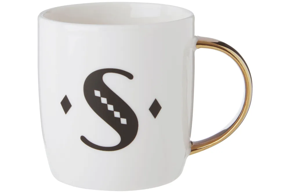 Modern Diamond Deco S Letter Monogram Mug,Coffee Cup With Gold Handle,Travel Mug With Smooth Glaze Surface - Orsina