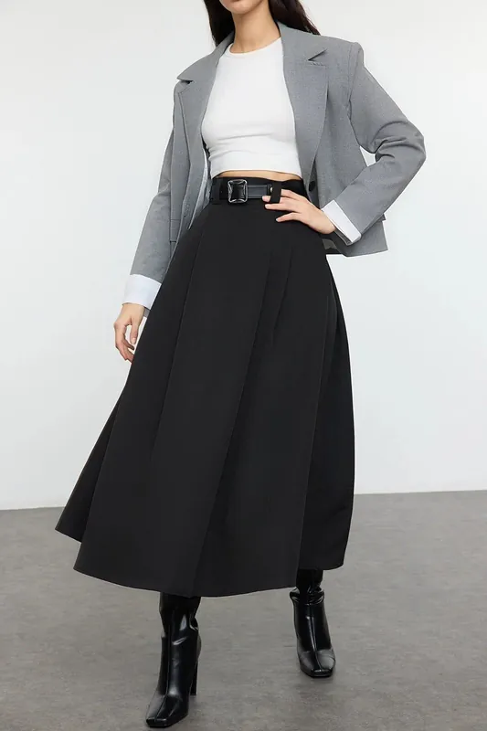 High-Waist Pleated Maxi A-Line Woven Skirt