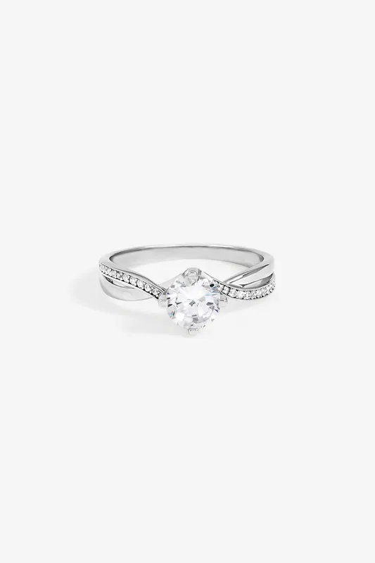 Rhodium Plated Solitaire Twist Band Engagement Ring - Jon Richard