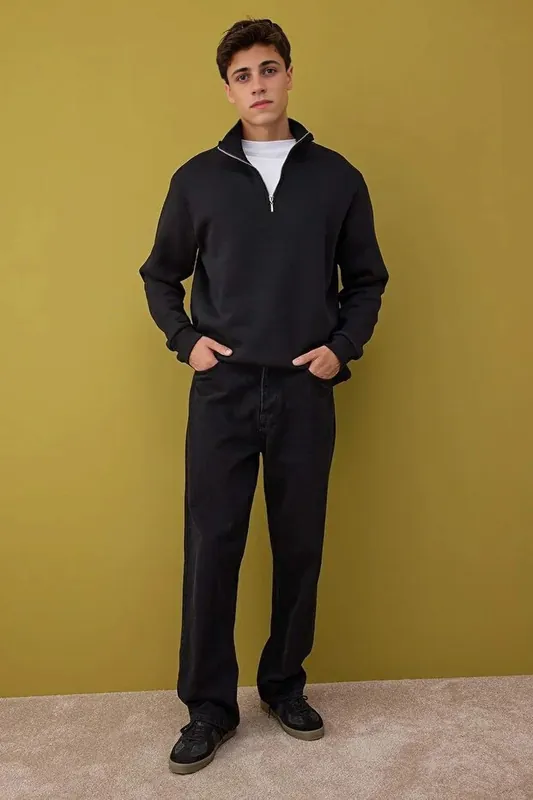 Stand Collar Zip Neck Fleece Lined Sweatshirt - WOVCOR