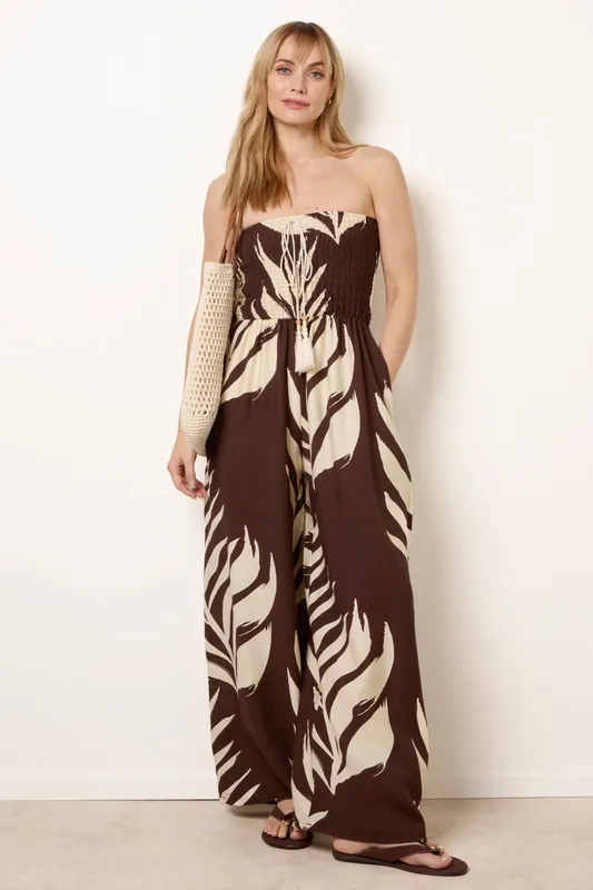 Brown Printed Bandeau Tie Neck Shirred Jumpsuit - Blue Vanilla