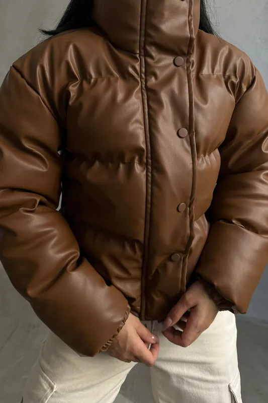Faux Leather Stand Collar Buttoned Puffer Jacket - Hiccup