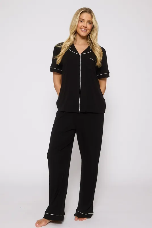 Rib Short Sleeve Traditional Shirt and Long Pant - Loungeable