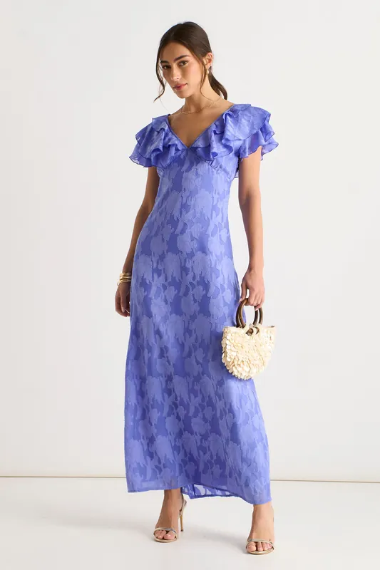 Blue Satin Jacquard Ruffle Maxi Dress - Gini London