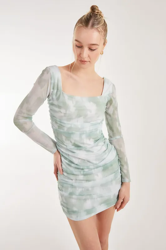 Soft Smudge Print Long Sleeve Mini Dress - Pink Vanilla