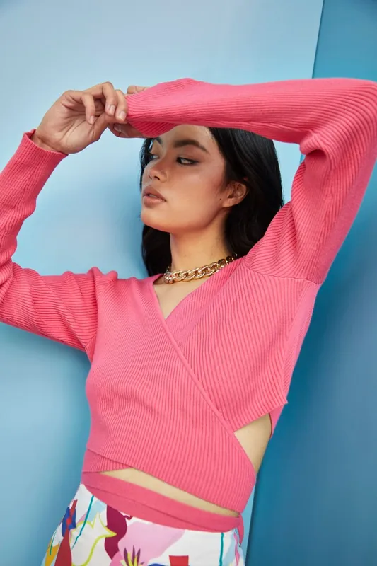 Wrap Long Sleeve Top in Bright Pink - Shnoo
