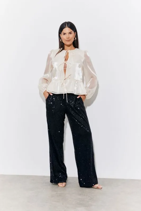 Cream Organza Tie Front Puff Sleeve Top - In The Style