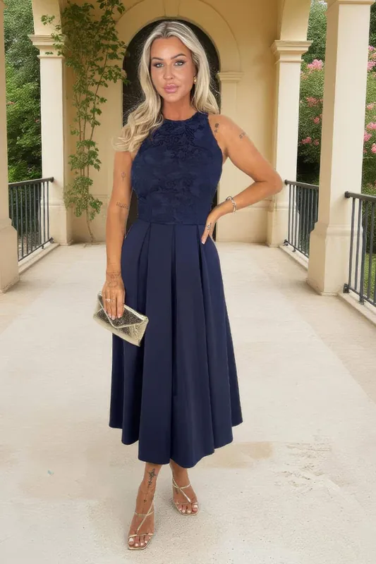 Navy Embroidered Top Overlay A-Line Skirt Midi Dress