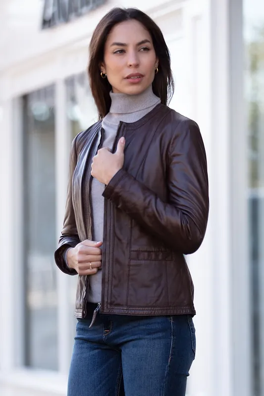 Liona' Collarless Leather Jacket - Ashwood Leather