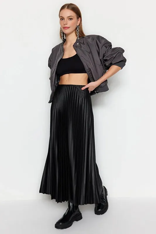Pleated Maxi Faux Leather Skirt - WOVCOR