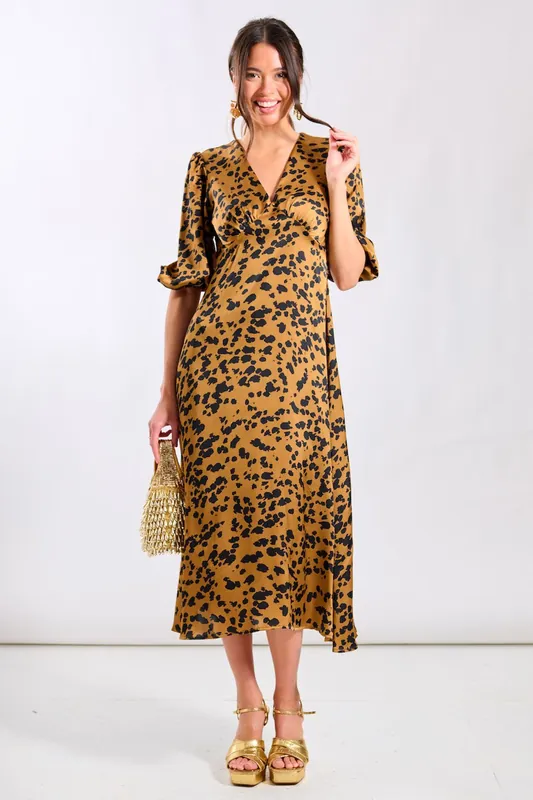 Brown Leopard Satin Midi Dress - Needs No Label