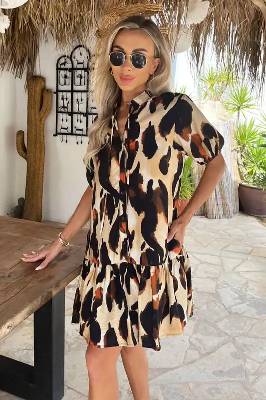Brown Bold Leopard Print Button Front Frill Hem Mini Dress - AX Paris