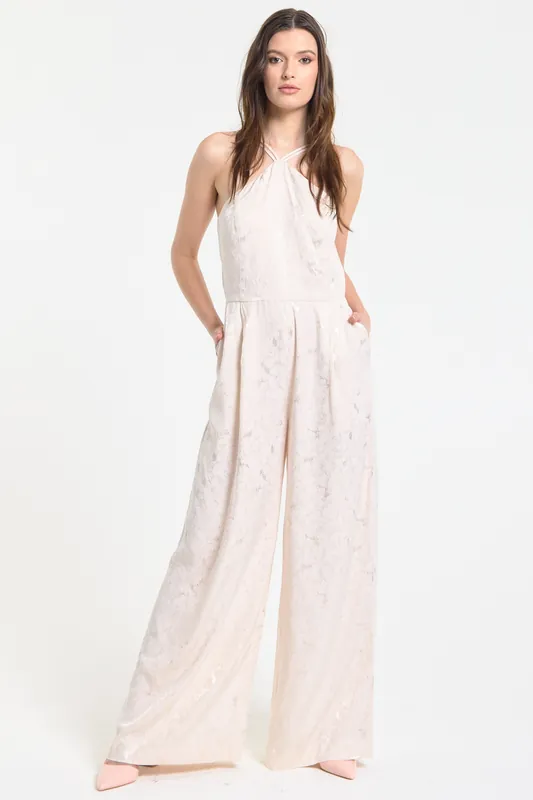 Champagne Jacquard Wide Leg Jumpsuit - Liquorish