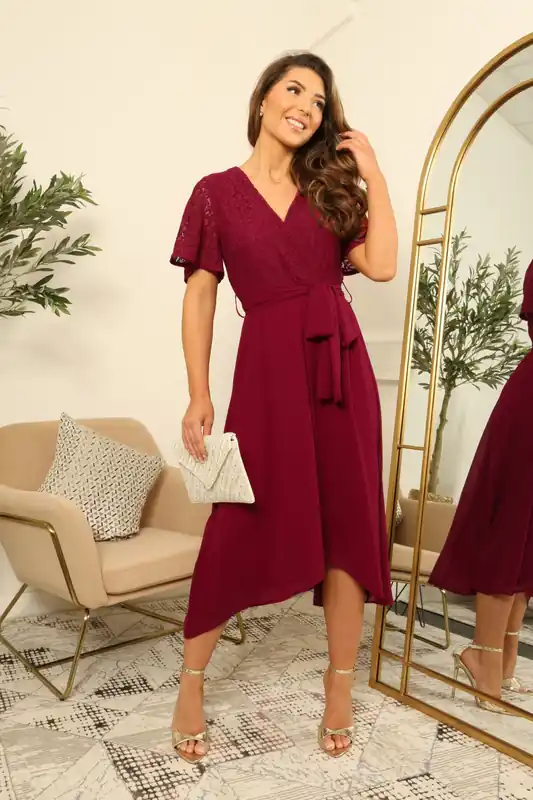 Lace Wrap Dress with Detailed Neckline - DOUBLE SECOND
