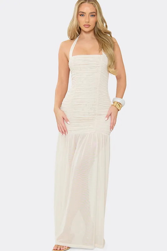 Strappy Ruched Mesh Maxi Dress - EGO