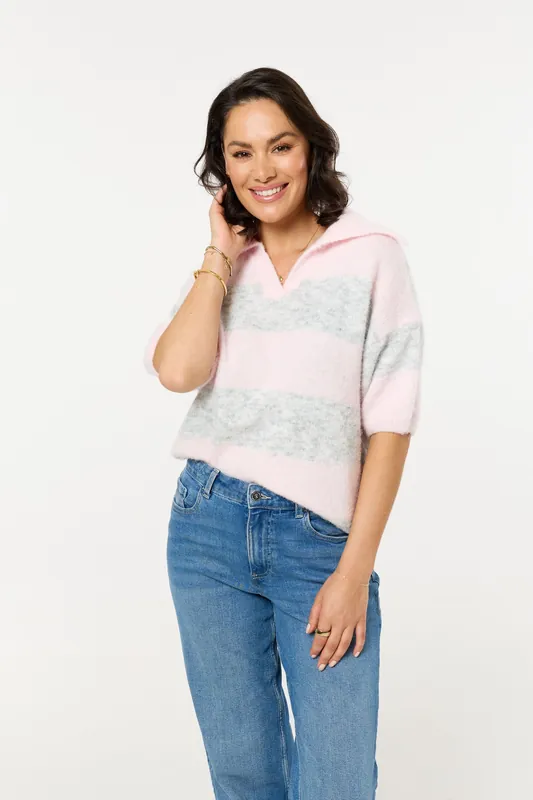 Pink And Grey Stripe Wool Blend Knitted Polo Jumper - Liquorish